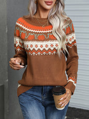 Caramel acrylic crewneck sweater with autumnal fair isle pumpkin pattern.