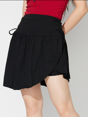 Black draped wrap mini skirt with tie detail and gathered waist