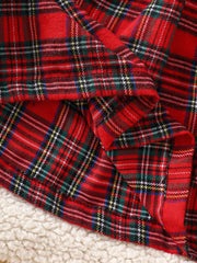 Baby dress in red plaid cotton blend with sherpa trim detail.