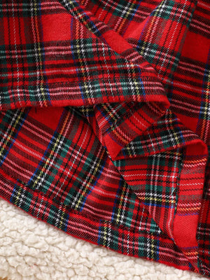 Baby dress in red plaid cotton blend with sherpa trim detail.