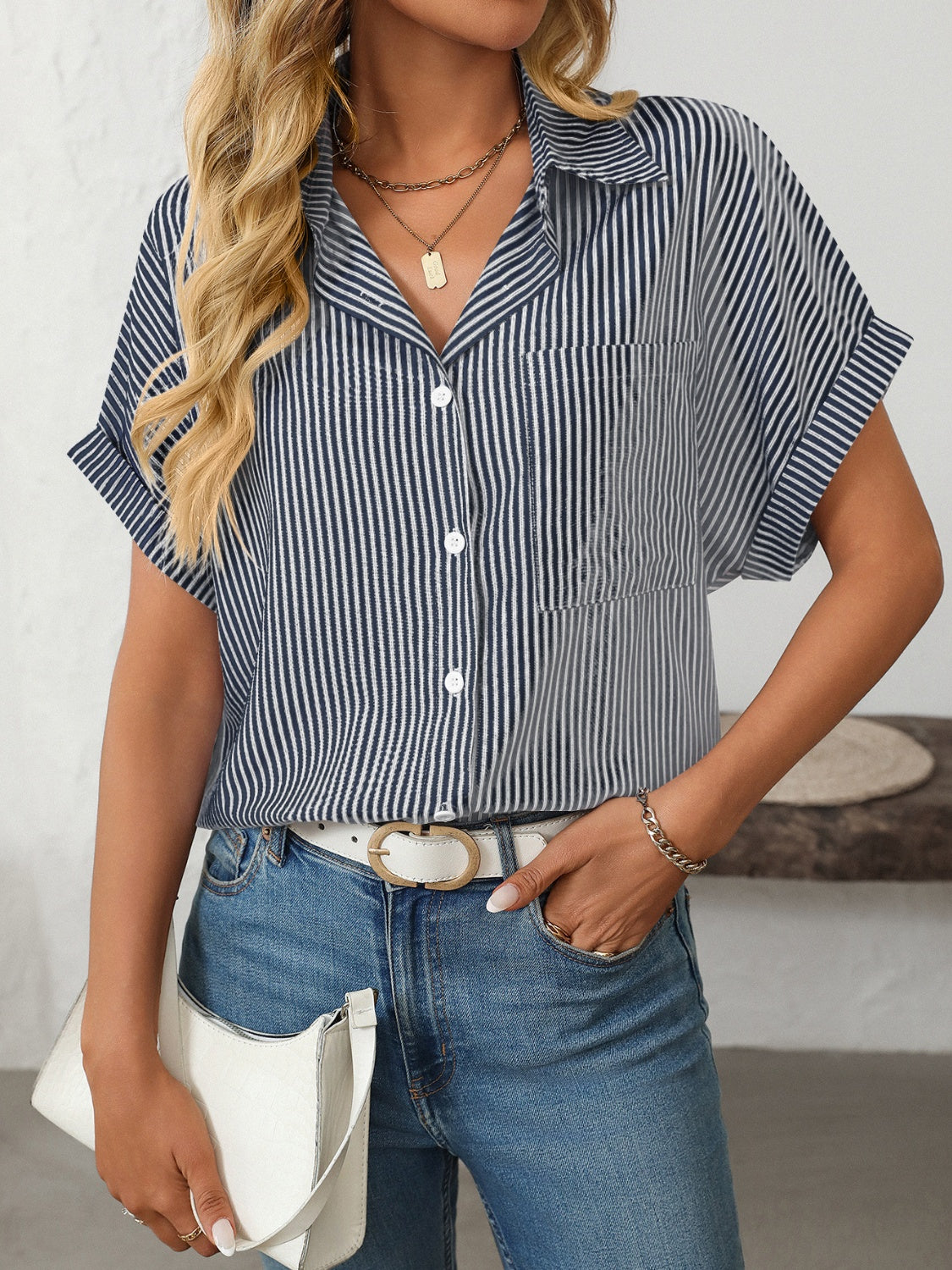 Dark Navy striped button-down shirt with cuffed short sleeves and two chest pockets.