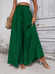 Dark green ruffled waistline palazzo trousers with drawstring and wide leg.