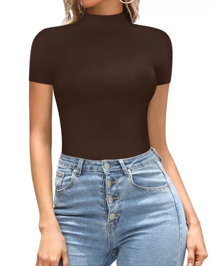 Dark brown mock neck short sleeve form-fitting bodysuit styled with jeans