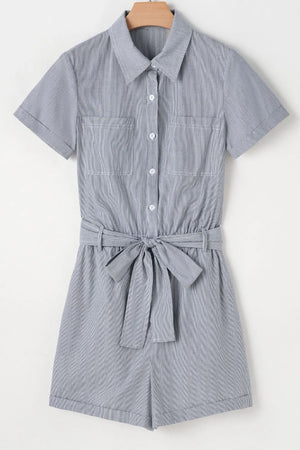 Pinstripe shirred waist romper with tie, short sleeves, collared, button front, two chest pockets.
