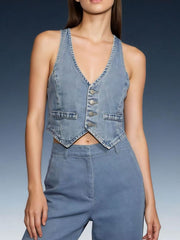 Light blue denim cropped button-down vest with V-neck and two chest pockets.