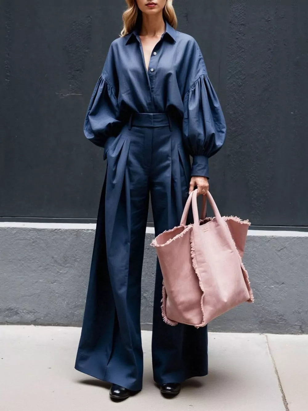 Blue lantern sleeve button-up shirt and wide-leg pants set with pleated detail.