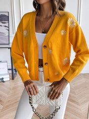 Gold button-down cardigan with embroidered daisies and ribbed trim.