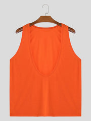 Orange deep plunge tank top with a wide neckline and sleeveless design.