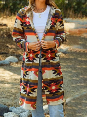Southwestern print hooded maxi cardigan with pockets, multicolor.