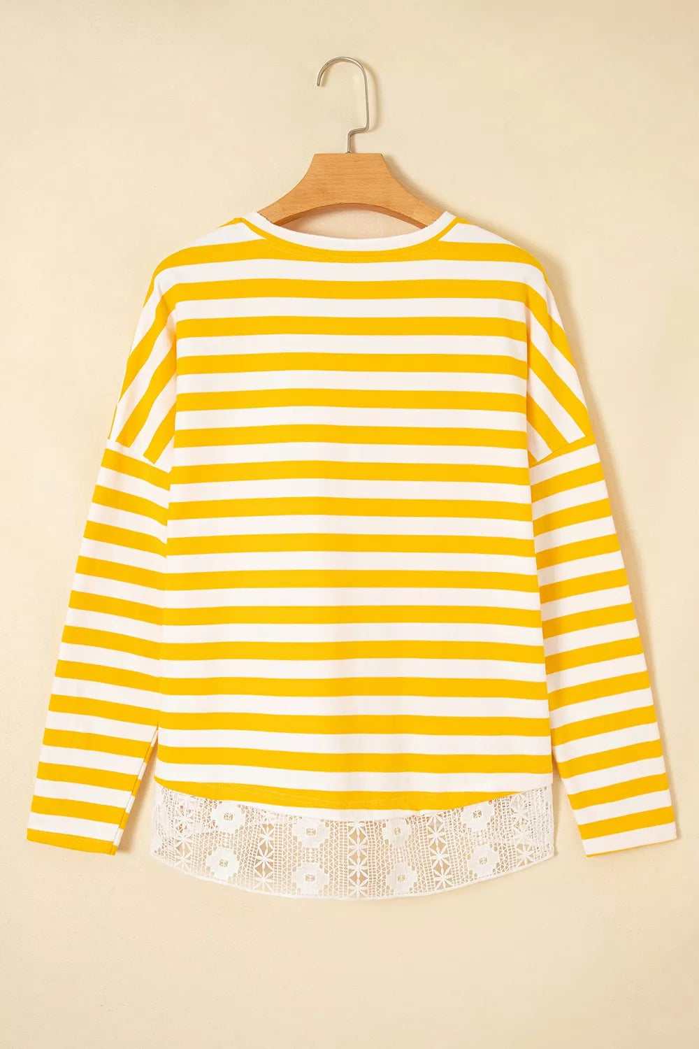 Striped Lace Patchwork V Neck Long Sleeve Shirt in Pastel Yellow, model styling view