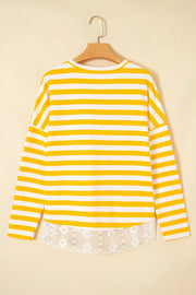 Striped Lace Patchwork V Neck Long Sleeve Shirt in Pastel Yellow, model styling view