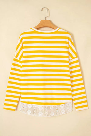 Striped Lace Patchwork V Neck Long Sleeve Shirt in Pastel Yellow, model styling view