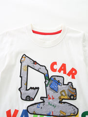 White toddler tee with playful excavator print and red neck trim.