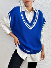 Blue acrylic knit vest with varsity stripes and pearl trim neckline.