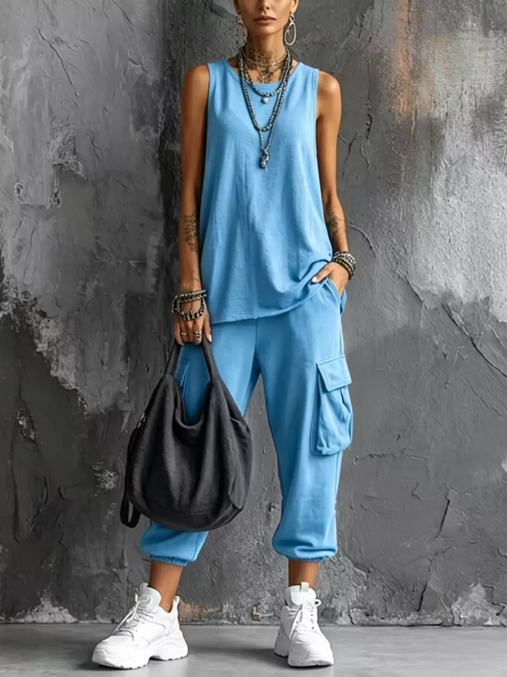 Casual Tank And Cargo Pants Set Plus Size in Sky Blue, editorial view