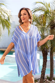 Blue striped crochet beach cover-up caftan with V-neck and short sleeves.