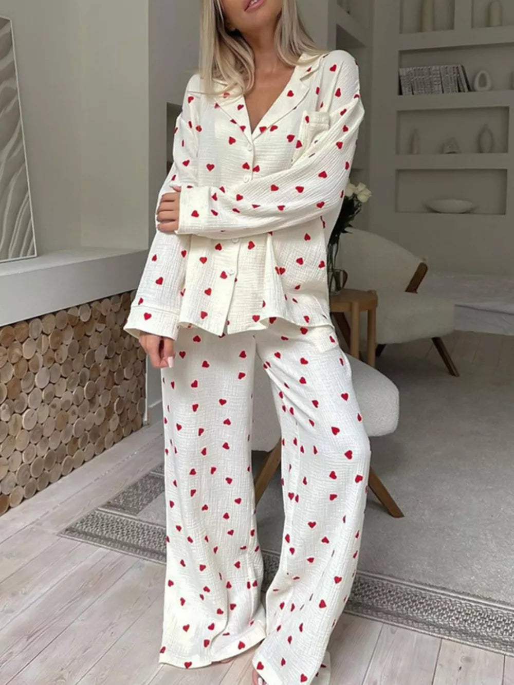 Heart Print Long Sleeve Top And Pants Lounge Set in Apricot, front view