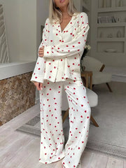 Heart Print Long Sleeve Top And Pants Lounge Set in Apricot, front view