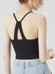 Black ribbed racerback crop top with keyhole back detail
