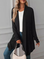 Burgundy cardigan with tunic-length and open-front