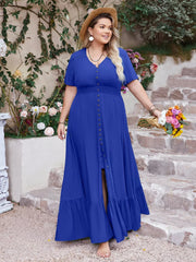 Blue V-neck maxi dress with button front, smocked waist, short sleeves, and ruffled hem.