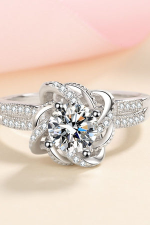 Silver ring with floral halo moissanite and pave diamond band