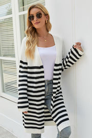 Maxi cardigan with monochrome block stripe pattern in black and white acrylic.