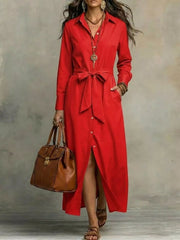 Tie Waist Long Sleeve Shirt Dress Plus Size in Red, alternate angle