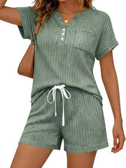 Army green ribbed knit loungewear set with short sleeve henley top and drawstring shorts