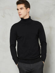 Black turtleneck sweater with a ribbed hem and cuffs, worn by a man.