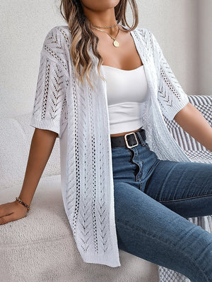 White open-knit chevron sleeve cardigan with short sleeves and a relaxed fit.
