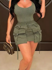 Drawstring Cargo Pocket Mini Skirt in Army Green, front view