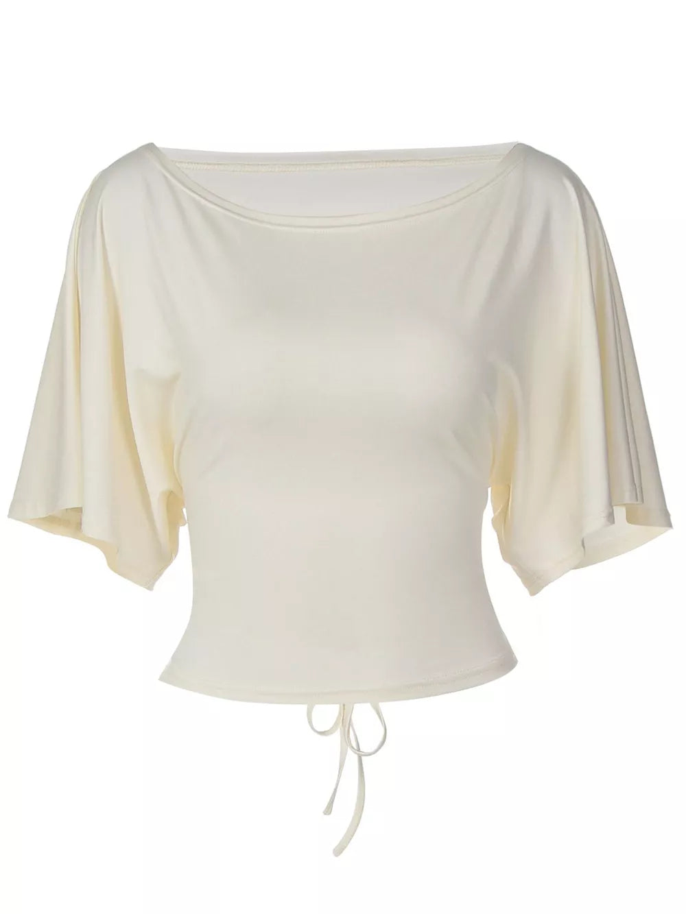 Apricot draped tie-front short sleeve t-shirt with dolman sleeves and a boatneck.