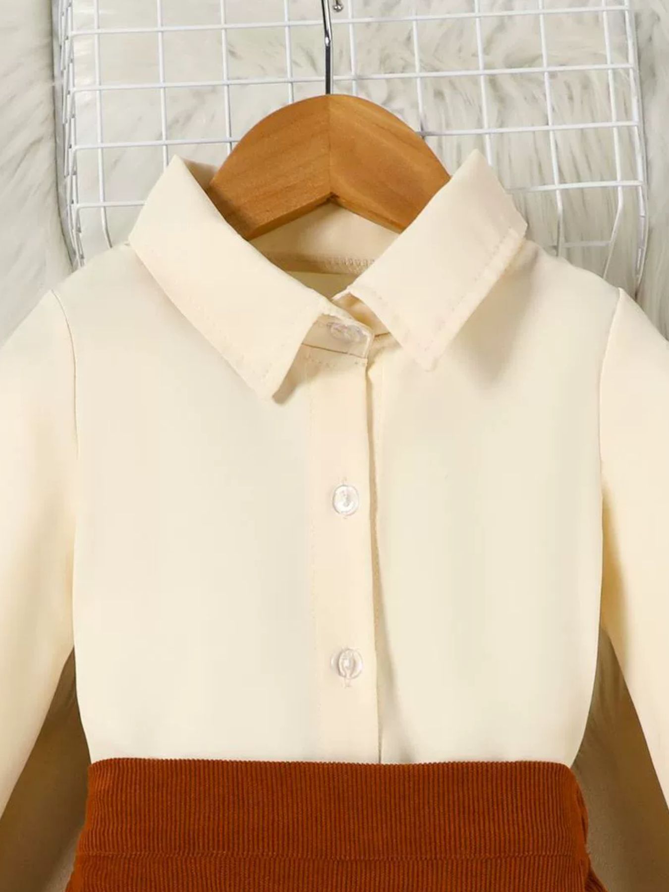Toddler cream button-up shirt with brown corduroy skort detail