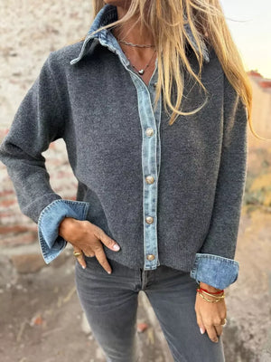 Contrast Denim Trimmed Sweater Cardigan in Grey, model styling view