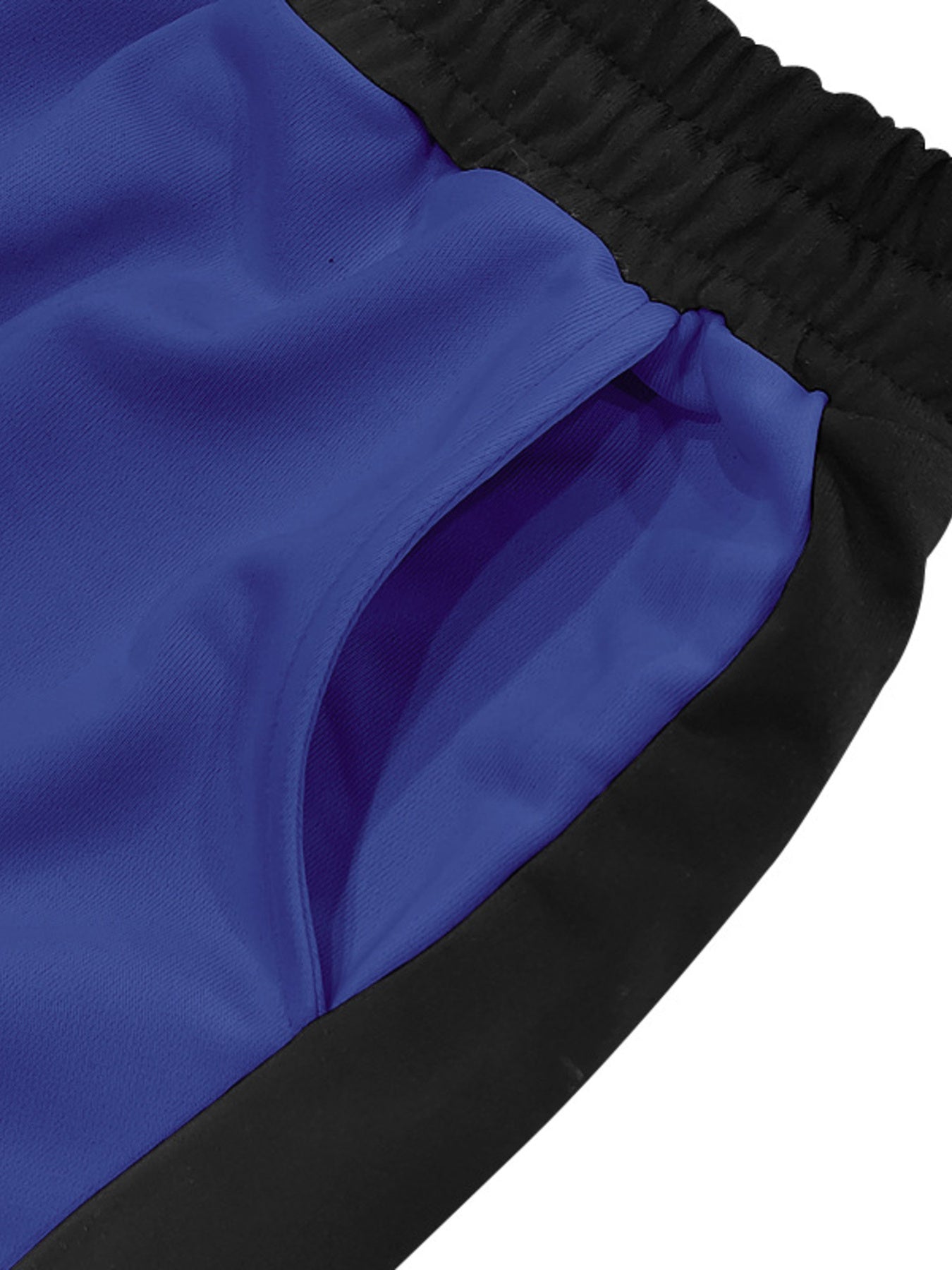 Men's royal blue sweatpants with black side stripe detail and pocket.