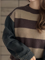 Striped knit sweater with denim sleeves in brown and tan, crew neck, casual style
