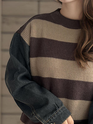 Striped knit sweater with denim sleeves in brown and tan, crew neck, casual style