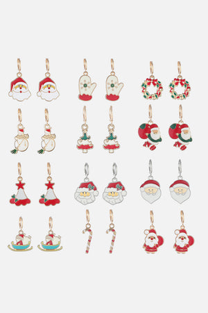 Festive Santa charm hoop earrings in various Christmas designs, made of alloy.