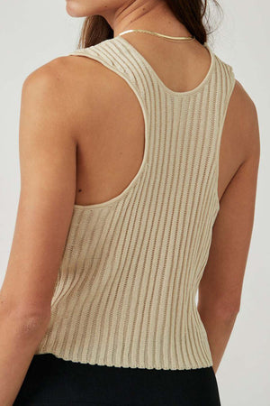 Beige ribbed knit button-down vest with racerback detail