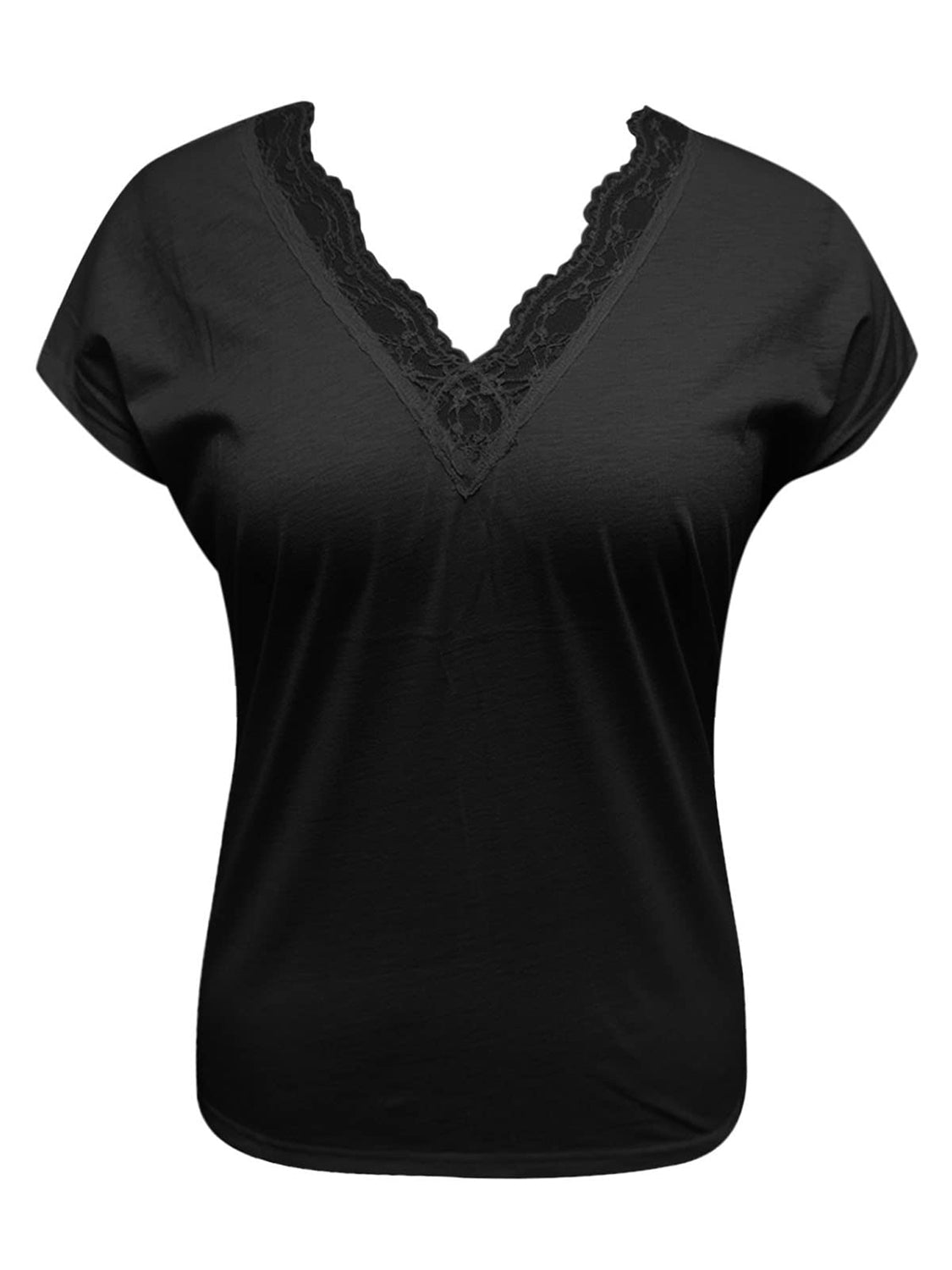 Black cap sleeve v-neck blouse with lace trim detail