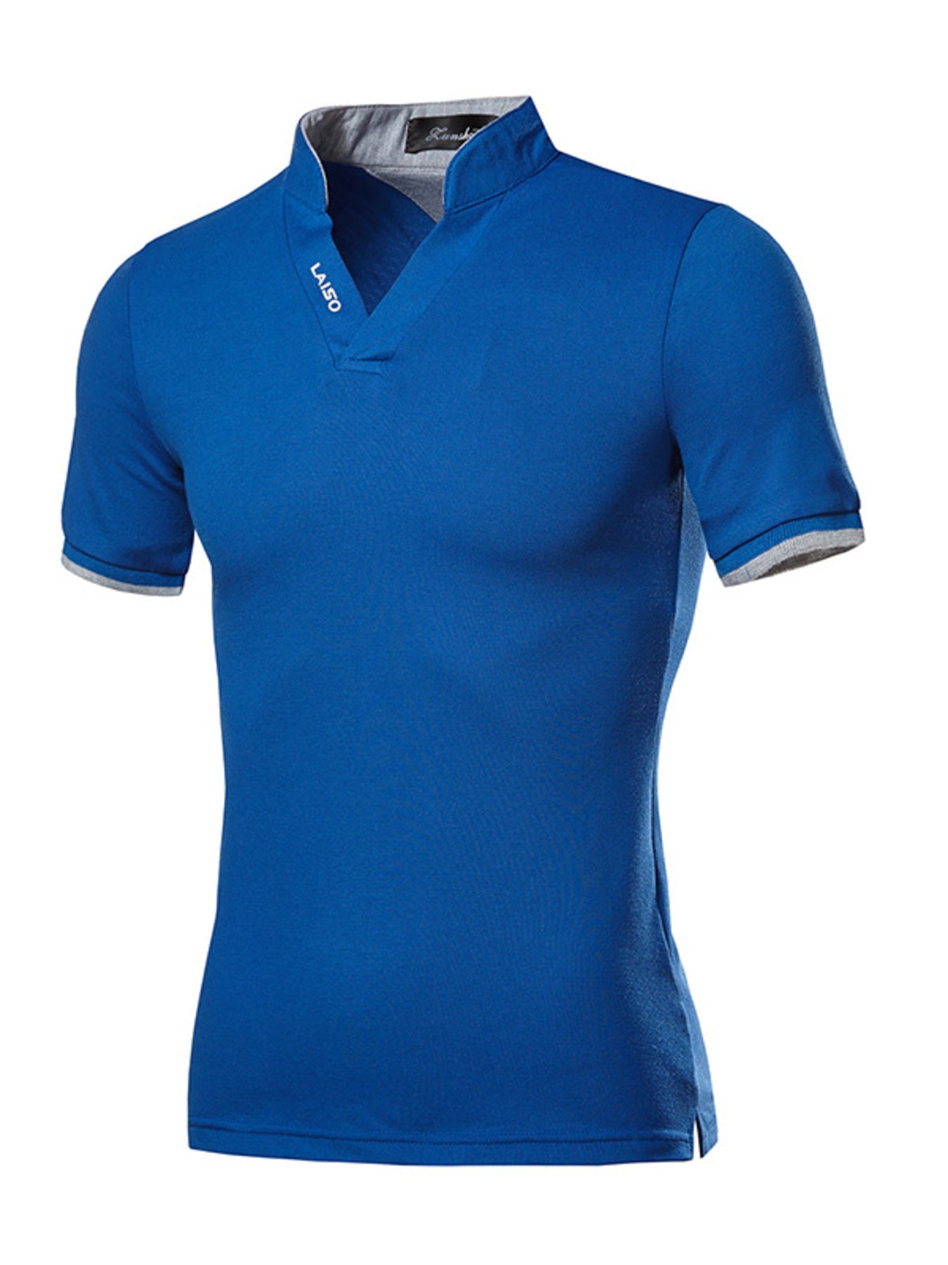 Royal blue cotton men's undershirt with notched V-neck and grey trim
