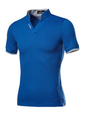 Royal blue cotton men's undershirt with notched V-neck and grey trim