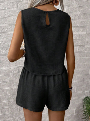 Black textured linen tank top and shorts set with keyhole back detail