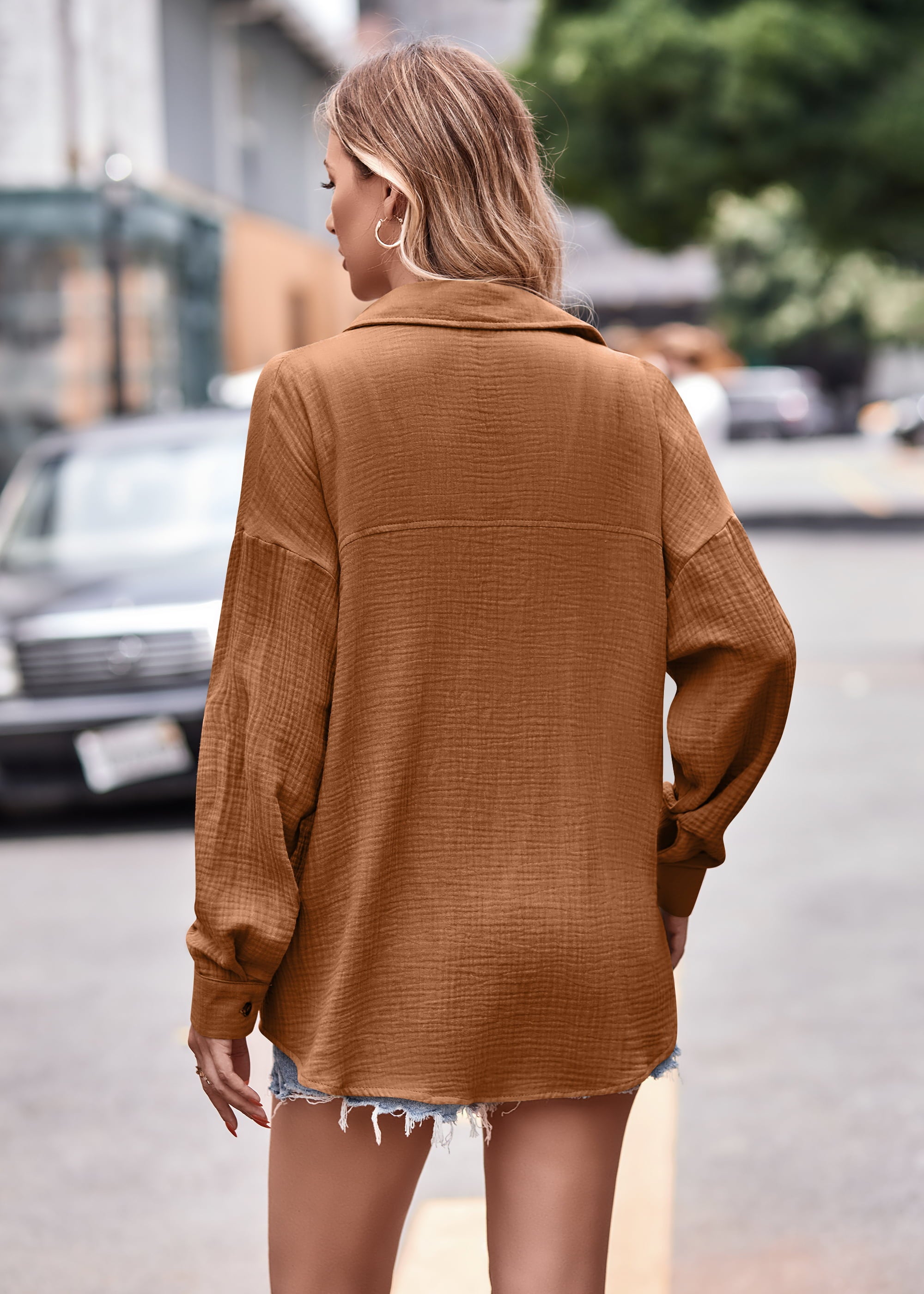 Textured gauze overshirt in caramel with relaxed silhouette and button cuff sleeves.
