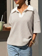 Striped Knit 3/4 Sleeve Polo Top in Brown, product detail