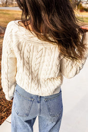 Drop Shoulder Round Neck Cable Knit Sweater in Cream, back view