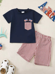 Navy patriotic pocket tee with American flag detail and red striped shorts set.