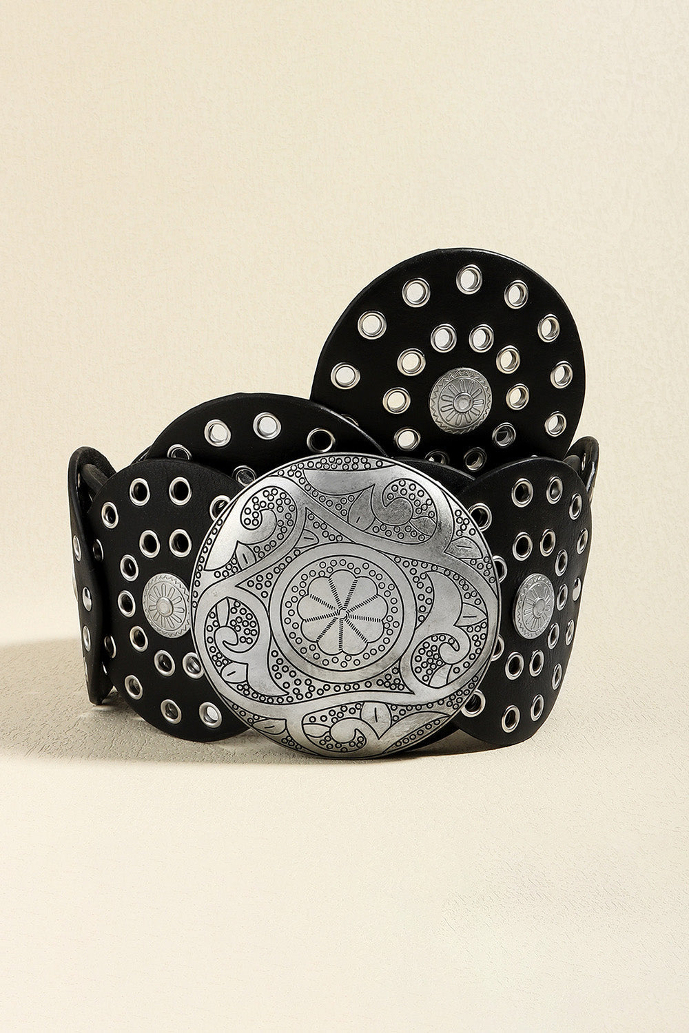 Black leather belt with silver disc embellishments and grommet details