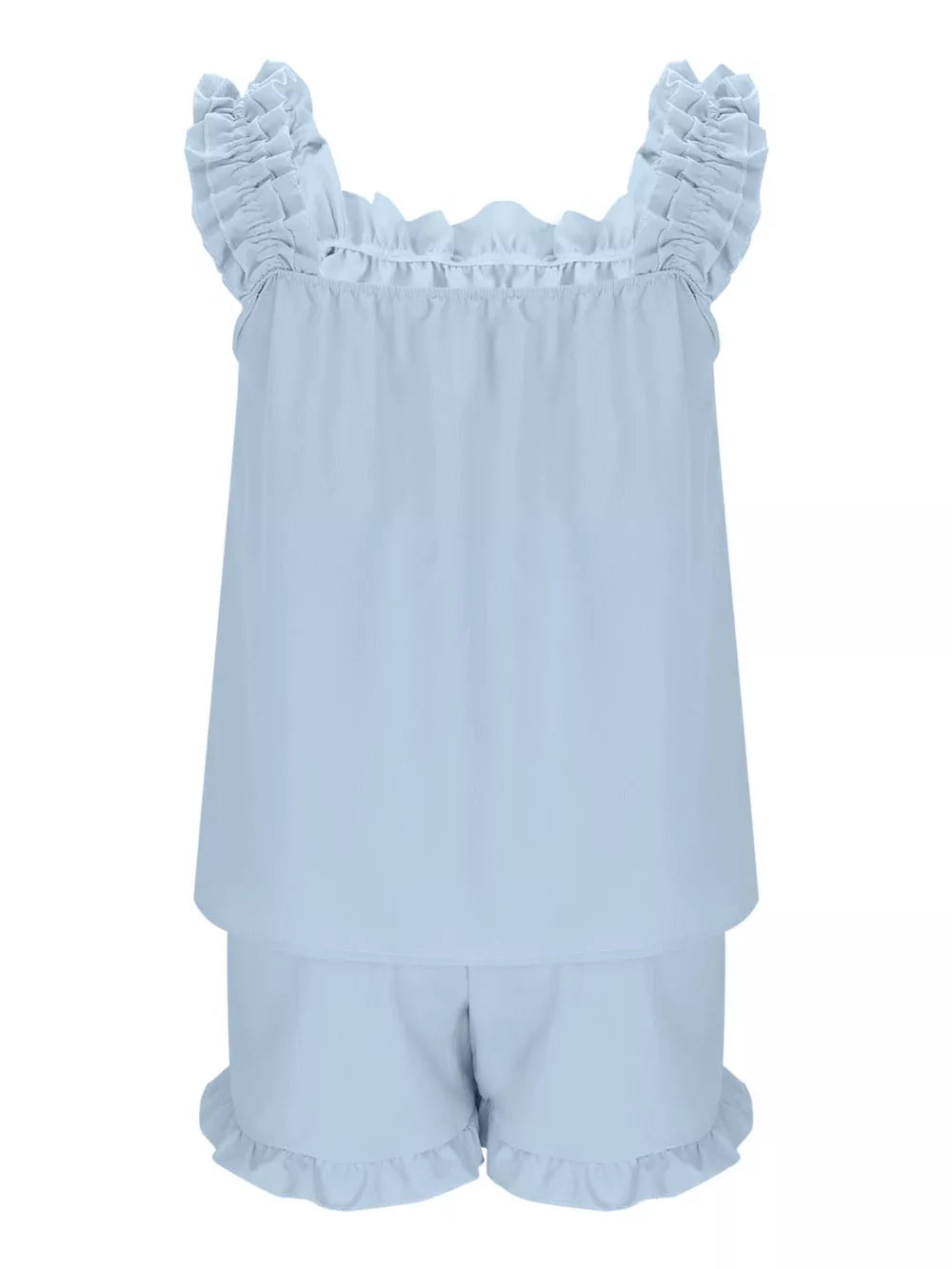 Light blue ruffled polyester pajama set with square neckline and ruffled shorts.